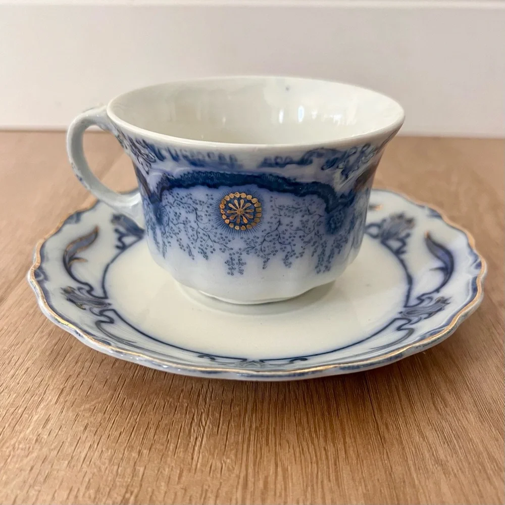 WOOD & SON CLARENCE- FLOW BLUE (c.1891-1907) CUP & SAUCER- Elgar Pattern Antique